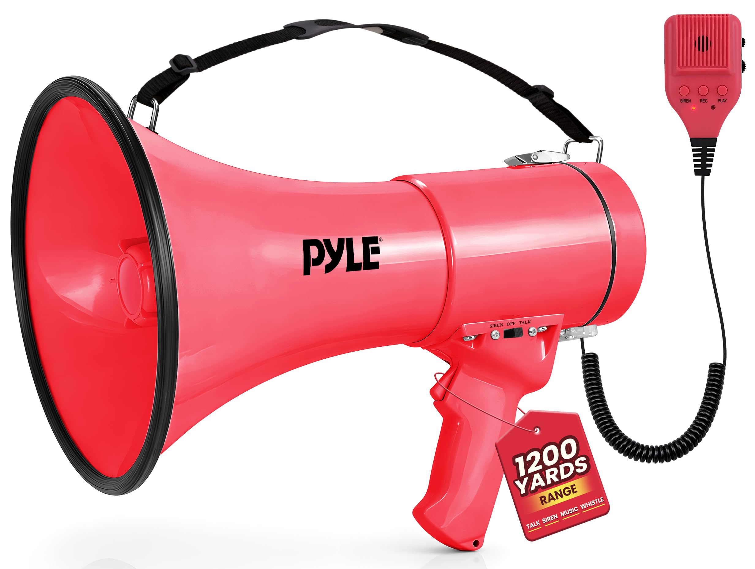 Pyle 50W Megaphone Bullhorn - Portable, Automatic Siren & Adjustable Volume,Projection Range Up to 1200 Square Yards, Aux Input, Talk, Siren, Music, Whistle, & Record, Shoulder Strap (Red)