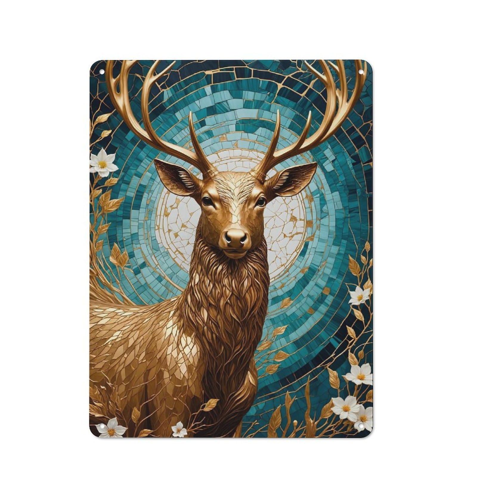 Junmoney Golden Deer Kintsugi Tin Wall Plaque With Design 40X30cm, Country Vintage Cottage Wall Art For Kitchen, Cottage, Porch Or Garden Room