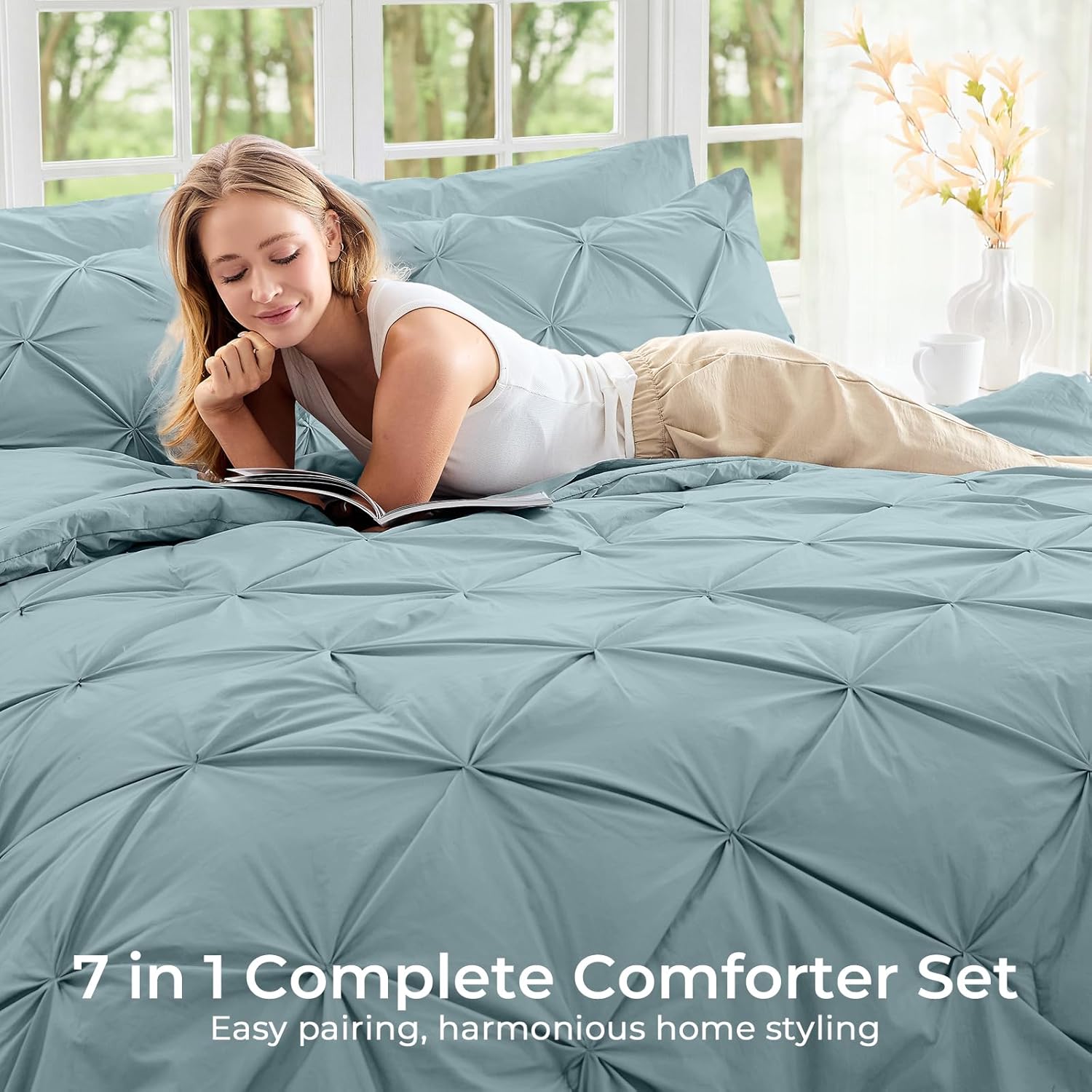 Sasttie Queen Comforter Set, 7-Piece Bed in a Bag, Pintuck Bedding Sets for All Season, Includes Comforter, Flat Sheet, Fitted Sheet, Pillowcases and Pillowshams, Greylish Blue - Image 6