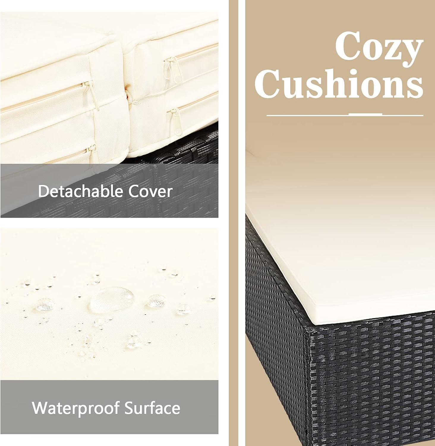 Close-up of HAPPYGRILL daybed cushions showing detachable covers and waterproof surface