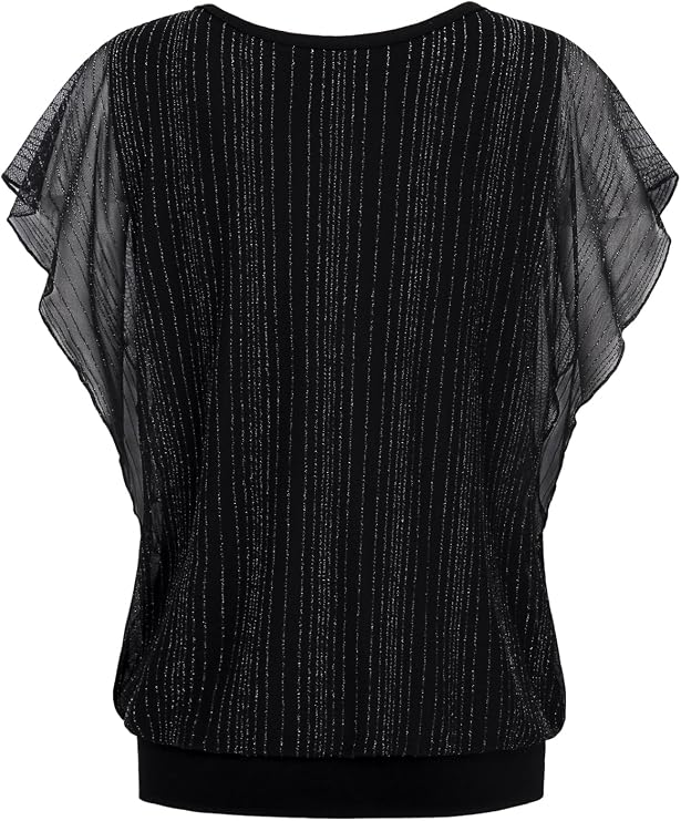 BAISHENGGT Womens Summer Tops Flutter Short Sleeve Pleated Front Mesh Shirts Dressy Casual Blouses