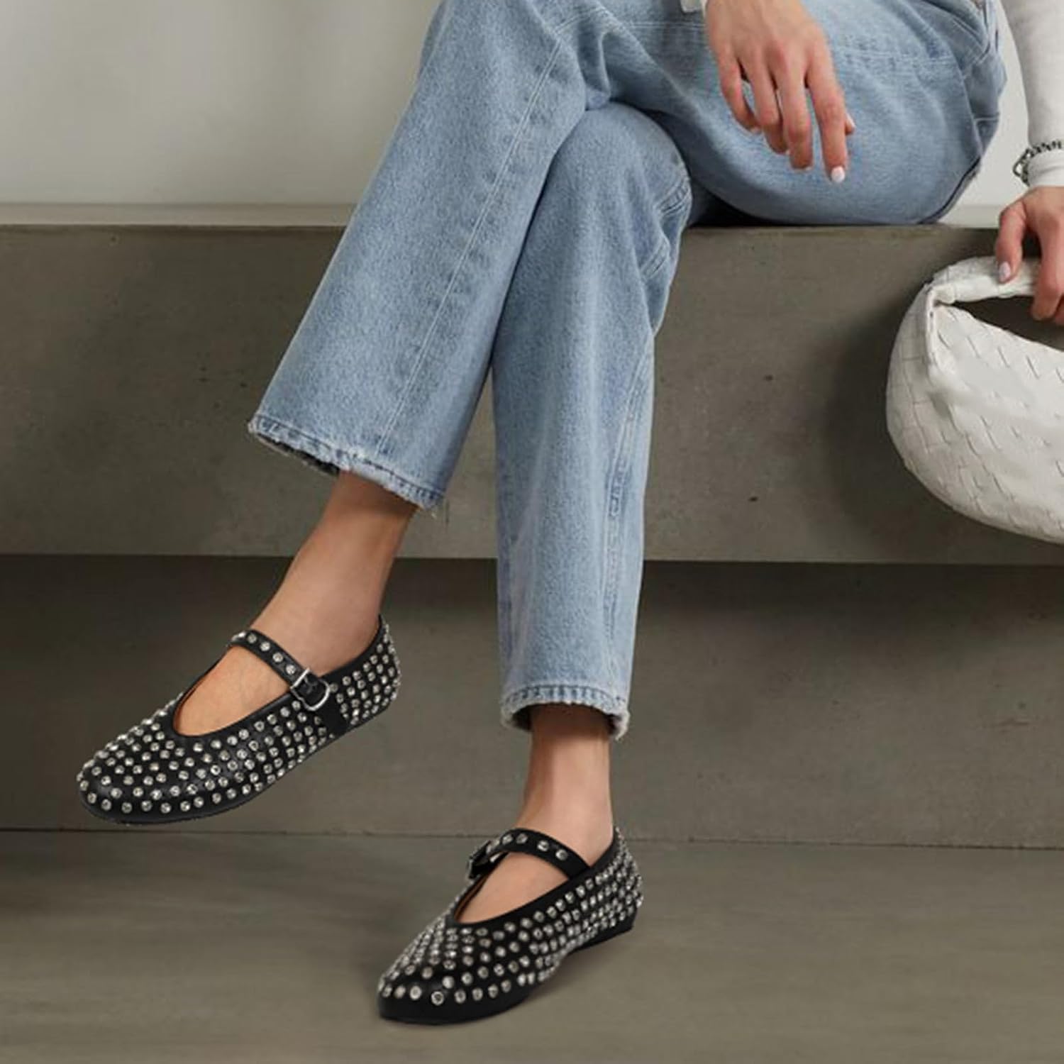 MICIFA Rhinestone Ballet Flats for Women, Crystals Ballerina Shoes Buckle Strap Mary Jane Flats Round Toe Casual Dress Shoes