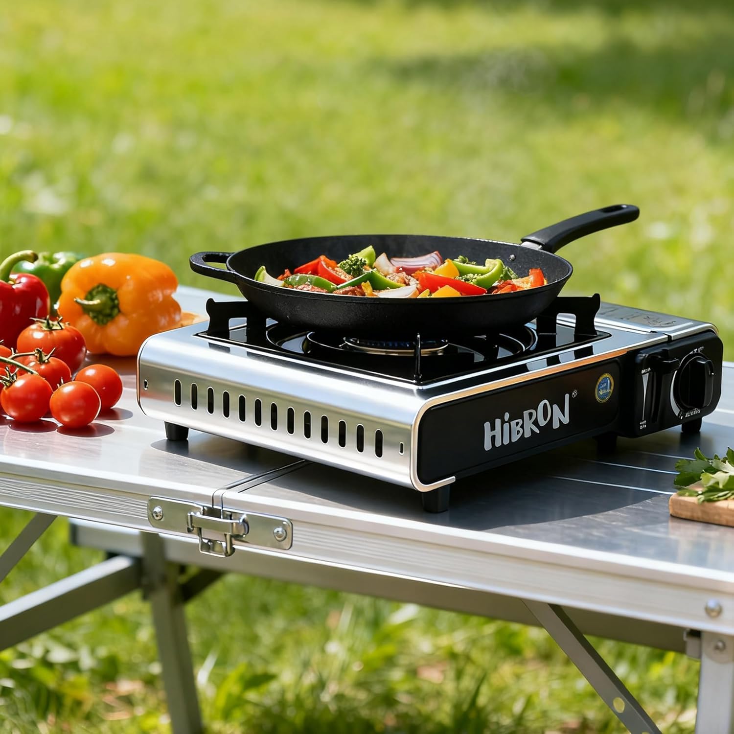 HIBRON Hornillo de Camping Portátil con Maletín – Compacto y Ligero, Compatible con Cartuchos de Gas EN17476/UL147B + 2 Cartuchos Incluidos
