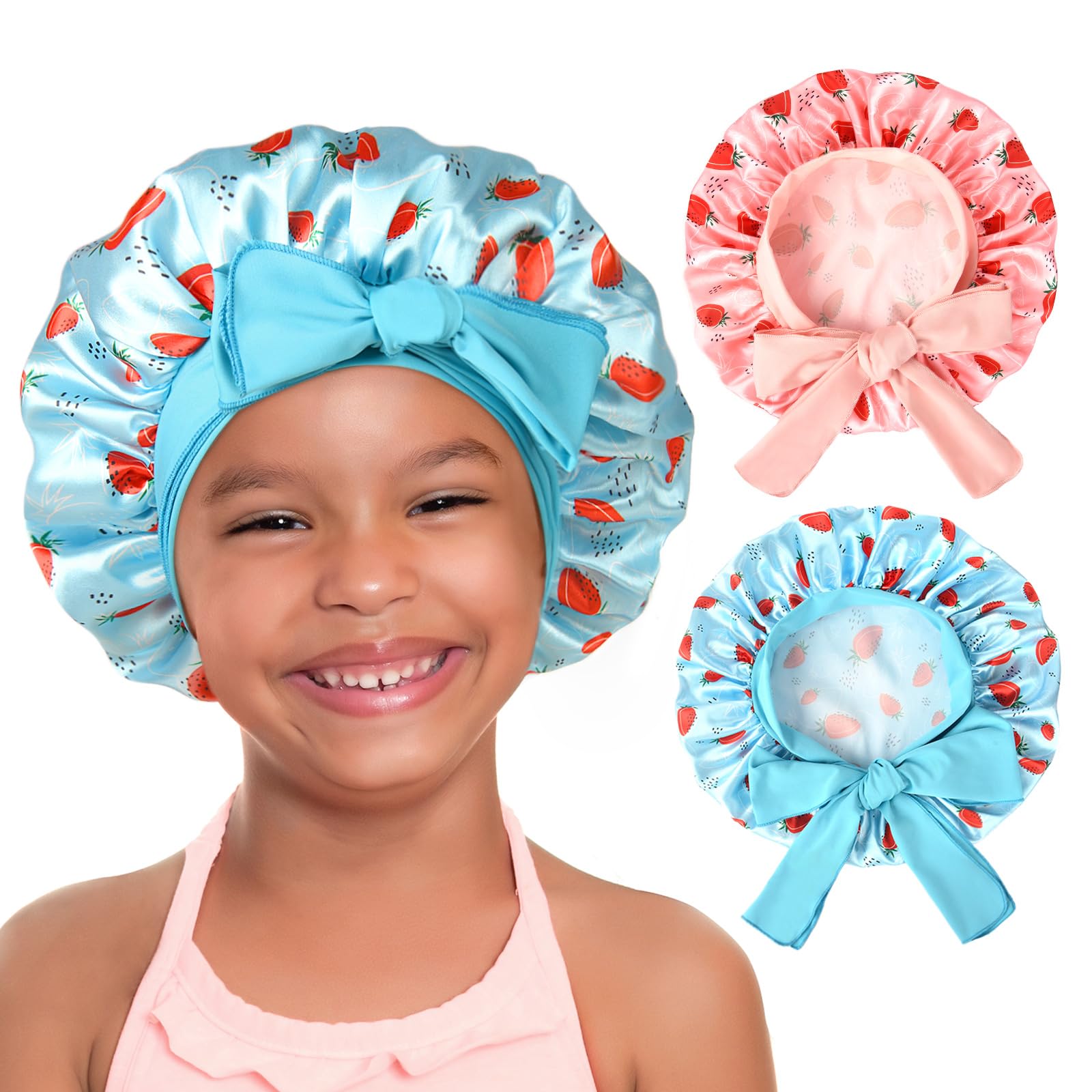 YANIBEST 2 PCS Soft Satin Bonnet, Overnight Protection, Kids Toddler Baby | Butter-satin Sleep Cap, Reduce Frizz, Maintain Moisture, Curly Natural Hair, Infant Newborn, Girls Boys 5-12 Years Blue+pink