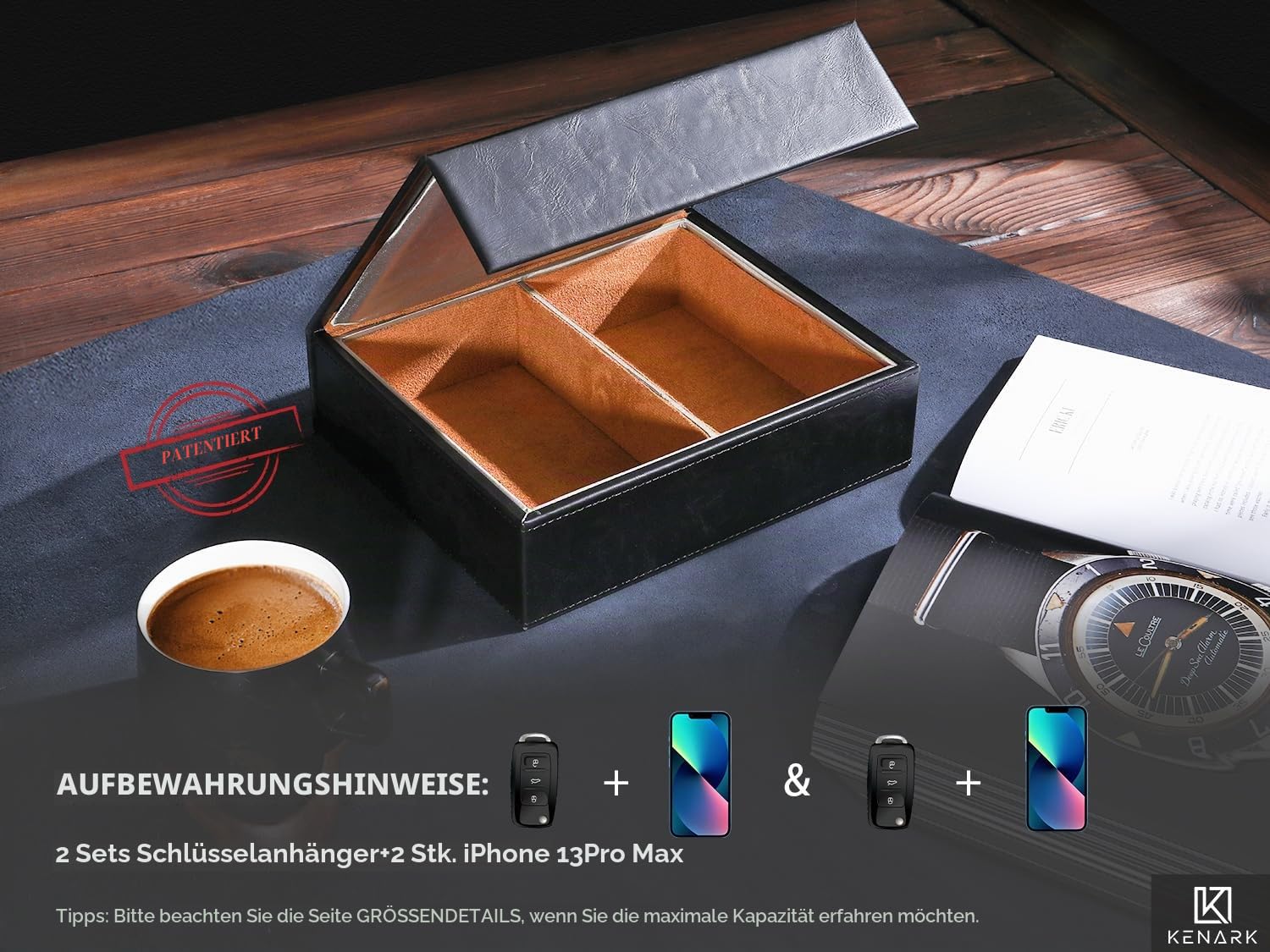 KK7 PLUS-BK Faraday Box mit 2 Fächern, Großes Design zur Signalabschirmung für Autoschlüssel, Keyless Schutz, Premium Verarbeitung | 2 Steckplätze, RFID-Signalblockierung, Diebstahlschutz, Vintage-Faraday-Käfig, hochwertiges Protein-Leder