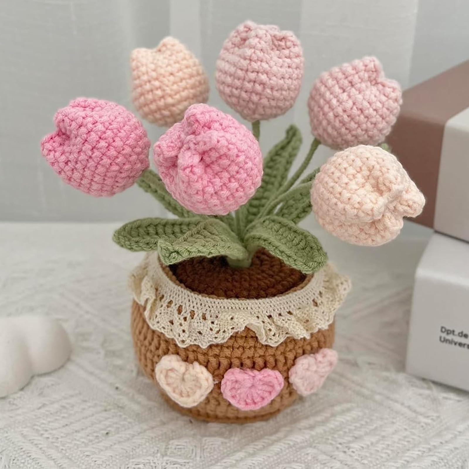 2 Tulipani All'Uncinetto Fatti A Mano In Lana - Regalo Romantico In Scatola Regalo Con Nastri