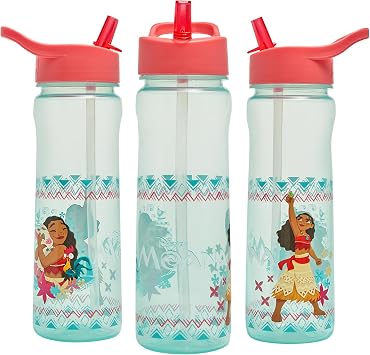 Disney Moana Water Bottle Flip Up Straw 600ml   Official Disney Merchandise Kids Reusable Non Spill - BPA Free - Recyclable Plastic - Ideal For School Nursery Sports Picnic - Turquoise & Pink