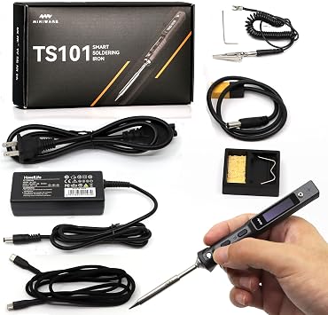 Original TS101 Electric Soldering Iron Kit Adjustable Temperature Smart Digital Screen Display with TS B2 Solder Tip XT60 Power Cord USB Type C Cable 24V 3A Power Supply TS100 Upgrade