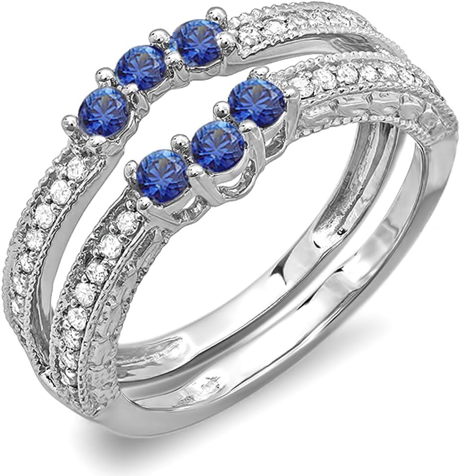 Dazzlingrock Collection Round Blue Sapphire And White Diamond Womens Anniversary Wedding Band Enhancer Guard, 14K Solid White Gold