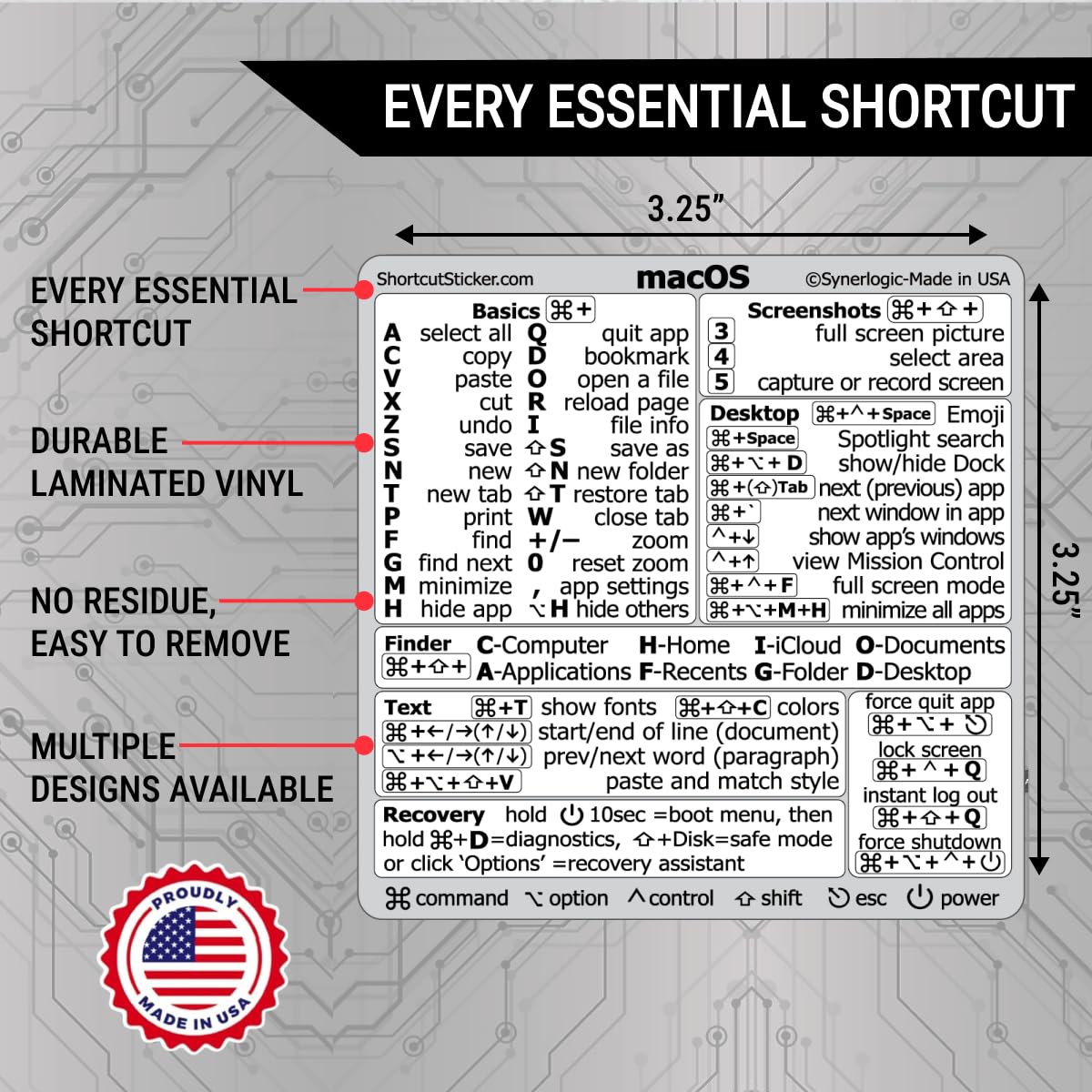 Synerlogic (100pcs) Mac OS Shortcuts Sticker | Keyboard Stickers for macOS | Laminated Vinyl MacBook Cheatsheet for Laptop | MacBook Shortcuts 2025 (White/100pk)
