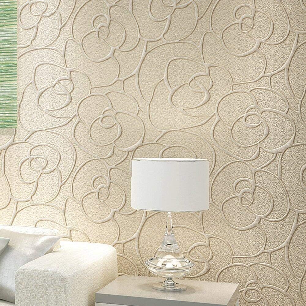 KeTian Modern Minimalist 3D Rose Flower Non-Woven Deep Embossed Textured Living Room Bedroom Wallpaper Roll Cream Color 0.53m (1.73' W) x 10m(32.8'L)=5.3m2 (57 sq.ft)