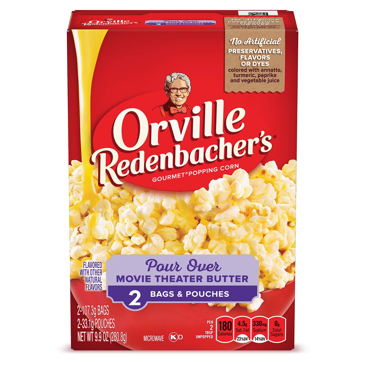 Orville Redenbacher's Gourmet Popping Corn, masło do kina, worek 107 ml, woreczek 33 ml, 2 sztuki, 12 szt