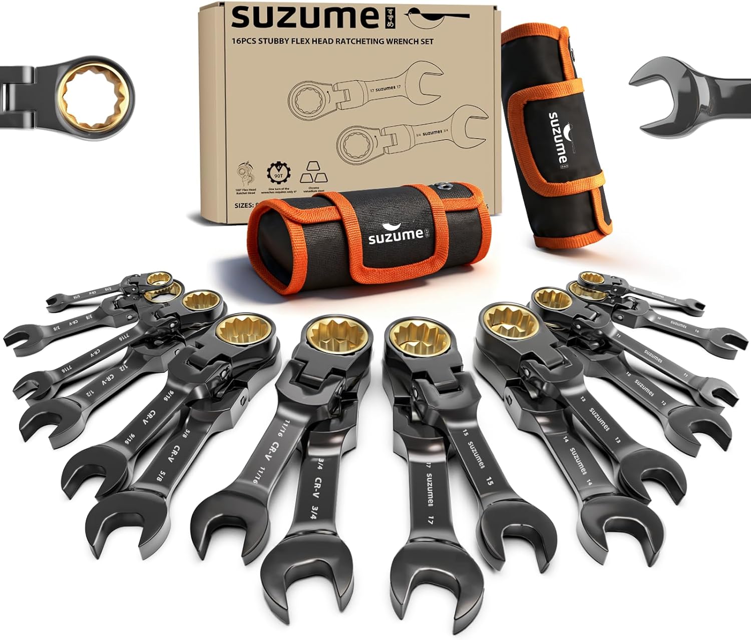 SUZUME Stubby Wrenches Set 16PCS Metric (8-17mm) & SAE (5/16” To 3/4”) 180° Flex Head Stubby Ratcheting Wrench Set Cr-V 90-Tooth for Tight Spaces & Motorcycle Repair with Rolling Pouch