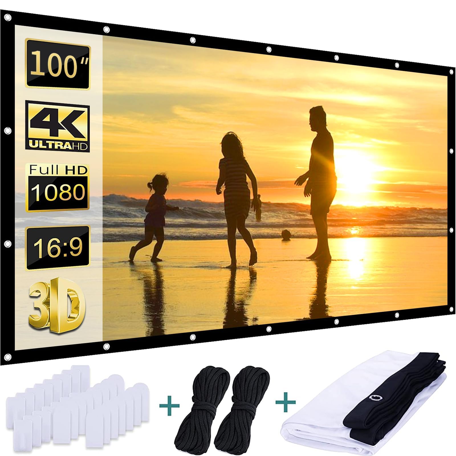 AAJK 100 inch Projector Screen,White Projector Screen 16:9 HD Portable Projection Screen Foldable Anti-Crease,for Outdoor Indoor