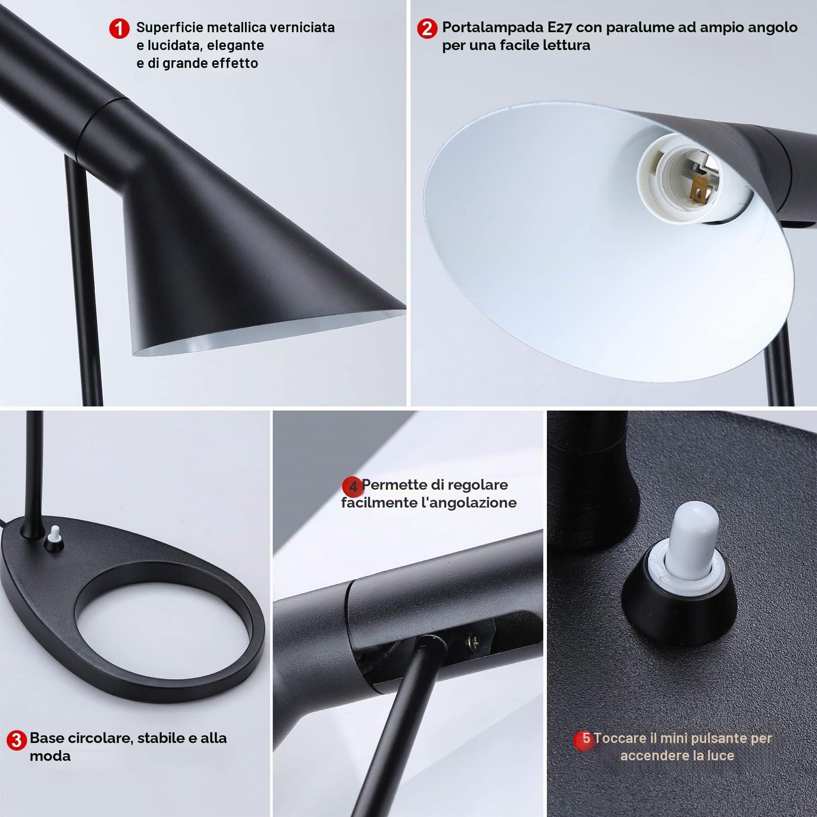 BARCELONA LED Marlene Lampada Tavolo Nera E27 Orientabile Design | Alluminio, 220x320x550mm, elegante finitura nera, stile retrò anni 50, cavo 1270mm, uso interno