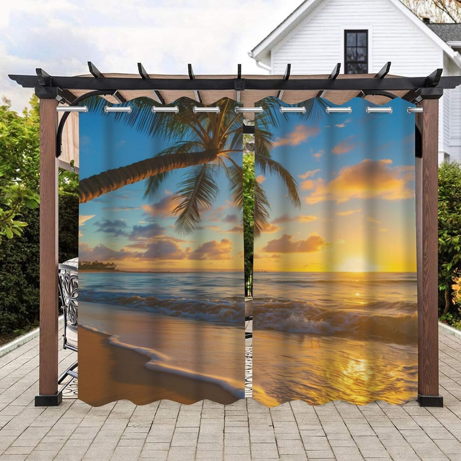 Tropical Landscape at Sunset Waterproof Outdoor Curtains for Patio,Beach Palm Trees Pattern,Light Filtering Curtains Outside Curtains for Porch,Gazebo,Pergola,Backyard,2 Panels,W54 x L84,Blue Orange