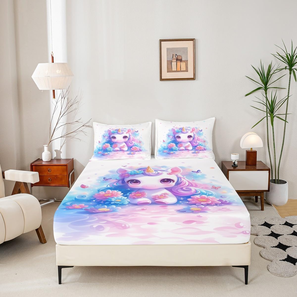Unicorn Fitted Sheet Full Size Kawaii Animal Dreamy Bedding Set for Kids Girls Teens Watercolor Blue Pink Tie Dye Bed Sheet Set Butterfly Flower Bed Cover Room Decor,No Top Sheet