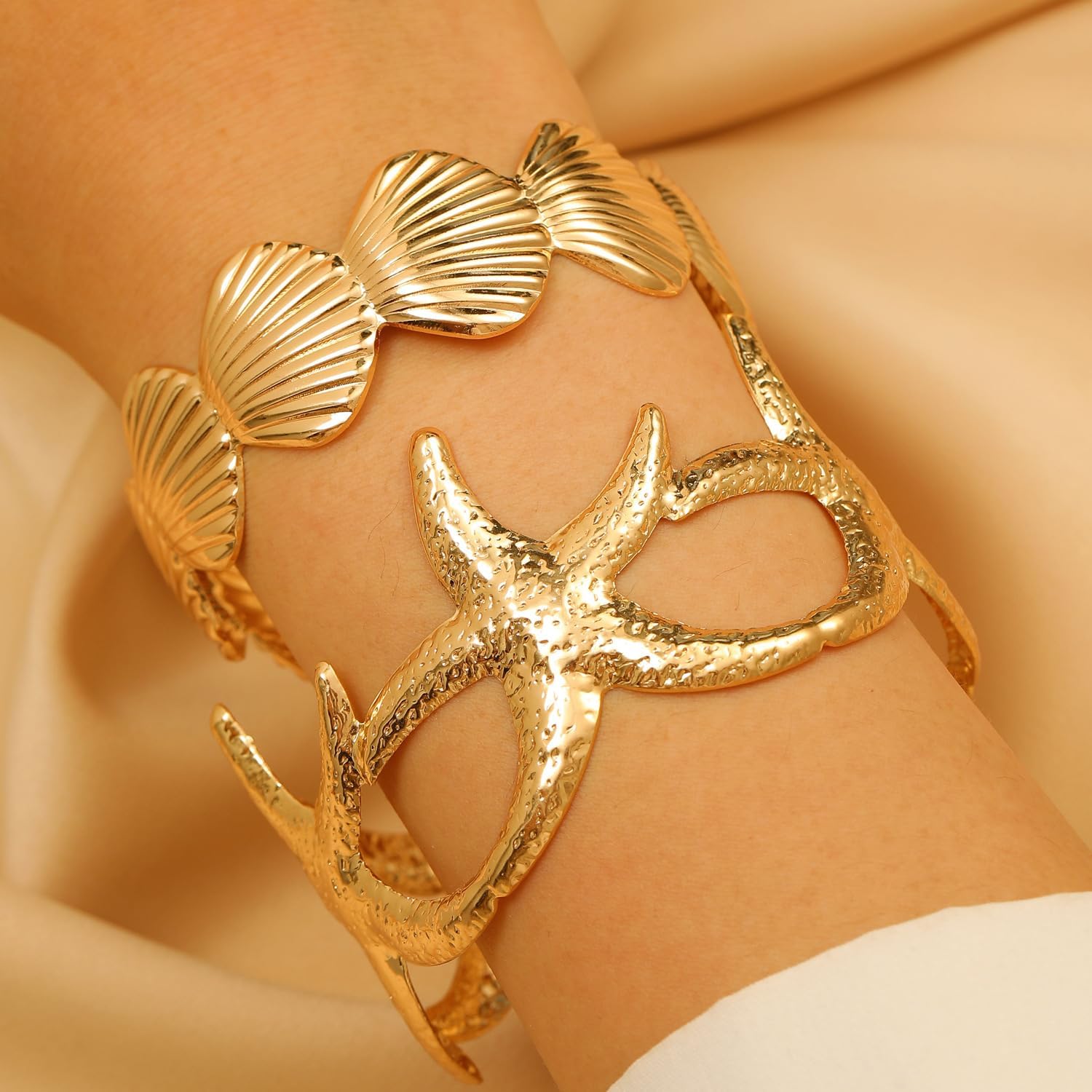 MXUHUI Wide Cuff Bracelets for Women Boho Vintage Statement Starfish Open Bangle Bracelet Irregular Summer Beach Shell Sea Coral Bracelets - Image 4