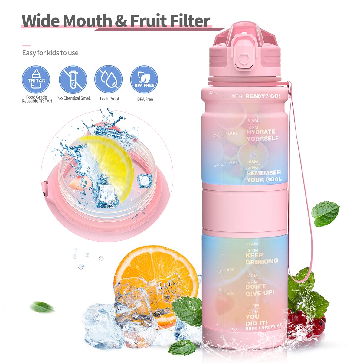 Borraccia 1 litro/500ml, Bottiglia d'acqua Motivazionale con Segni di Tempo, Borraccia Palestra A Prova di Perdita senza BPA Plastica per Bambini, Scuola, Ciclismo Sportiva, Sport