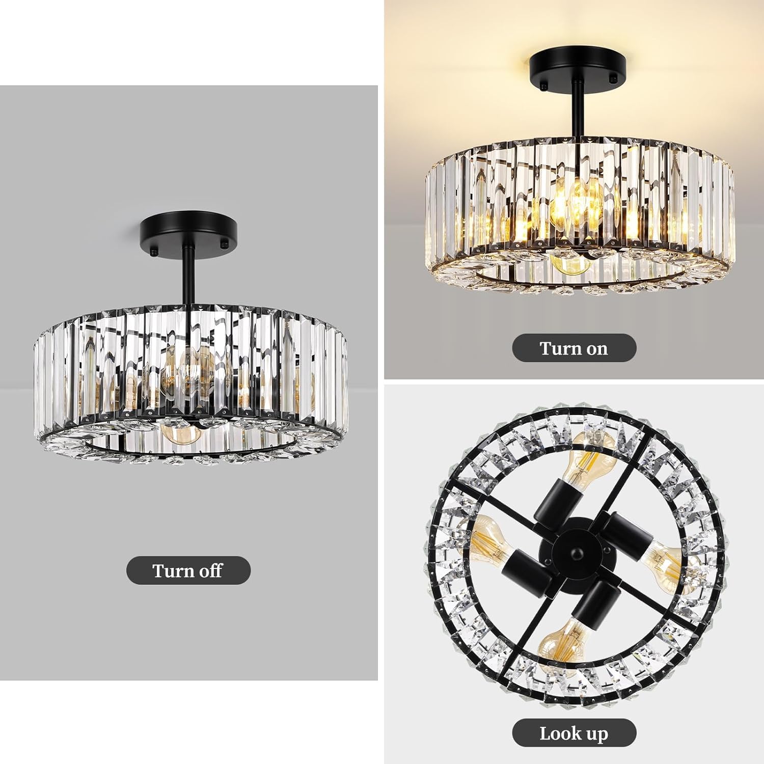 FRIDEKO HOME Modern Kristall Deckenleuchte 4 Flammige Groß Rund Kronleuchter Kristall Lampenschirm Metall Deckenlampe E27 für Schlafzimmer Wohnzimmer Φ37cm (Ø37cm-schwarz-1209)