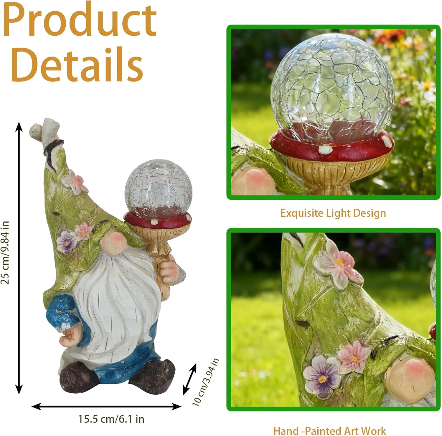 Garden Gnome Solar Light Statue - Outdoor Decorative Figurine with Crackle Glass Globe, Blue & White Floral Design, Waterproof LED Yard Art for Patio, Lawn, Garden, Porch