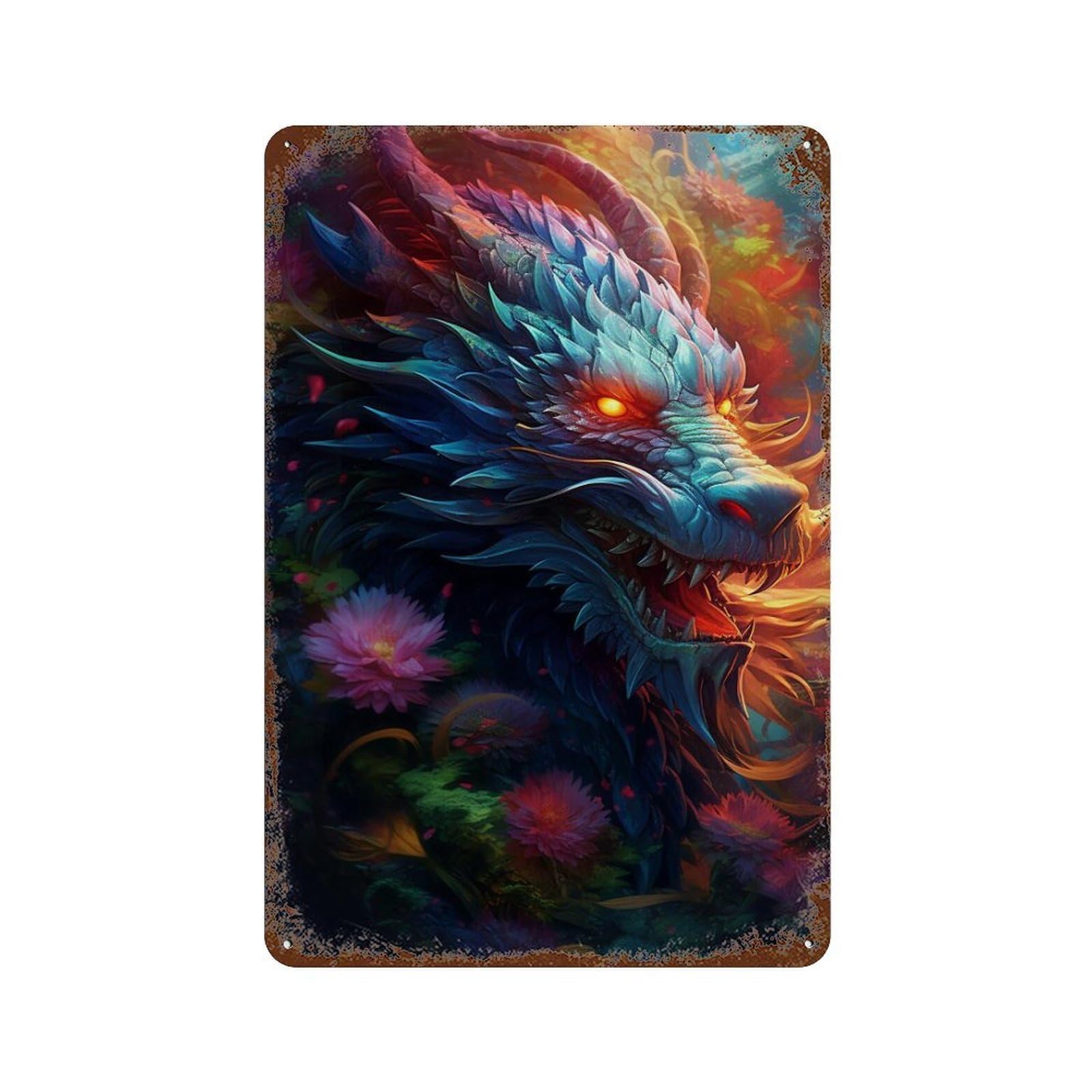 Rust Effect Fantasy Dragon Artwork-13 Rustic Tin Plaque 11.8"x7.9", Industrial Home Decor for Bistro, Counter And Cafe Decor