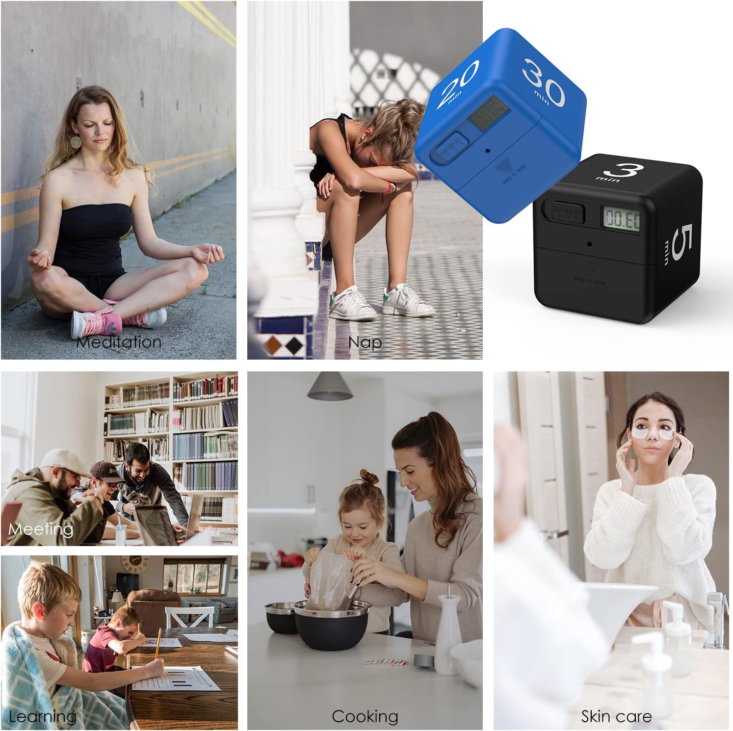 Minthouz Cube Timer, 2 Pieces Kitchen Timer 2.6 Inch Gravity Sensor Flip Digital Timer for Time Management and Countdown Settings,1 3 5 10 Minutes (Black) and 15 20 30 60 Minutes (Blue) Timer for Kids