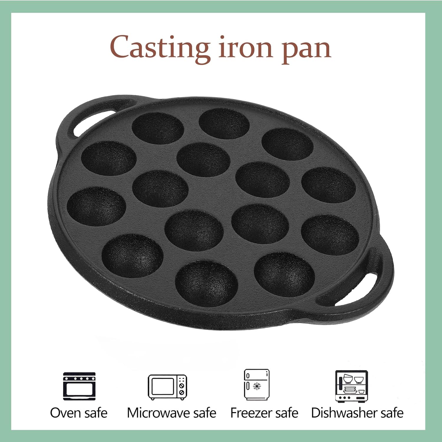 Cabilock Small 15-Hole Cast Iron Pancake Pan, Round Non-Stick Takoyaki Maker, Black Finish Plate Mold for Poffertje Corn Muffin Biscuit Snail