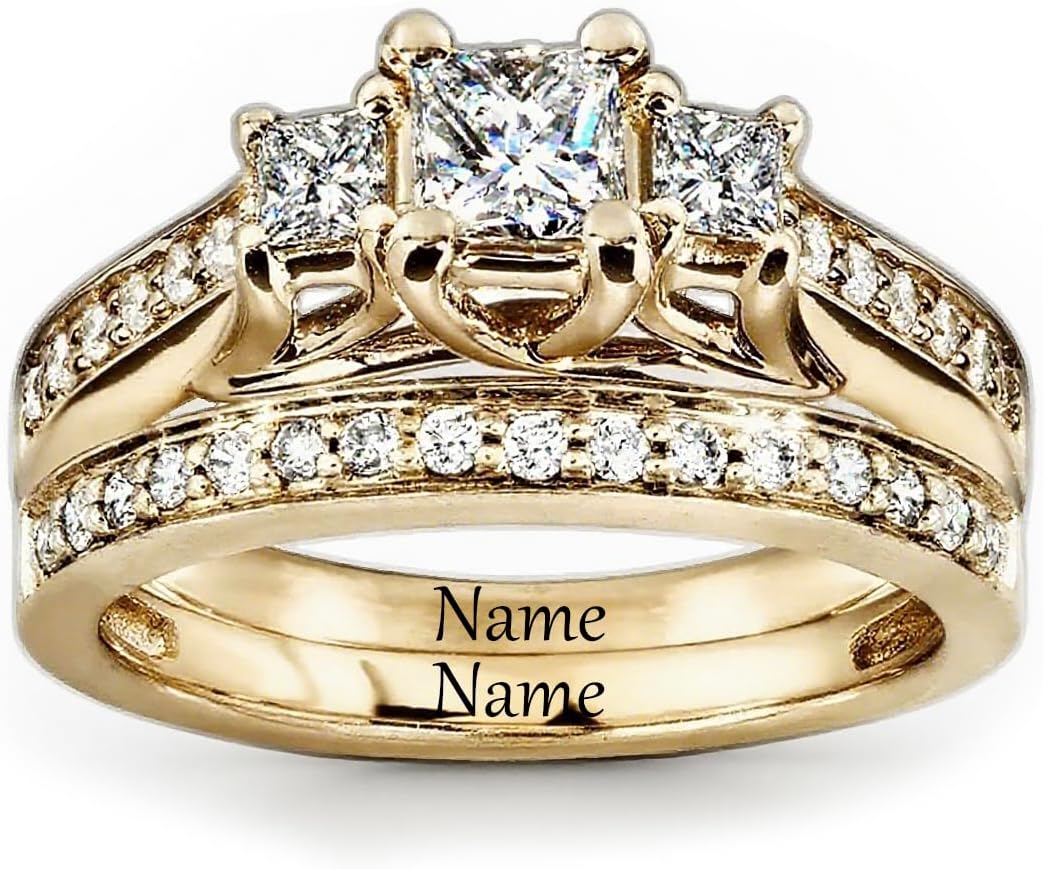 10K 14K 18K Gold 3 Stone Moissanite Bridal Rings Sets for Her, 2.6 CT. tw. Princess Cut Moissanite Engagement Ring Set for Women Wedding Ring Set for Engagement Anniversary Eternity Band