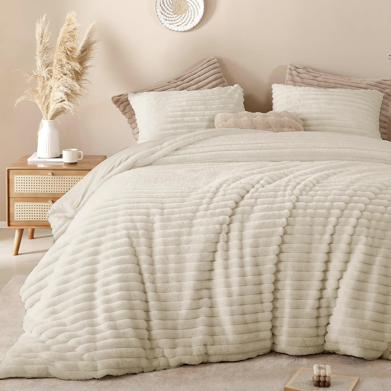 Lanqinglv Ropa de cama mullida de 200 x 200 cm, diseño de rayas, color beige, de felpa piel sintética franela, ropa de cama de invierno, cálida y acogedora, tacto de cachemira, funda nórdica con