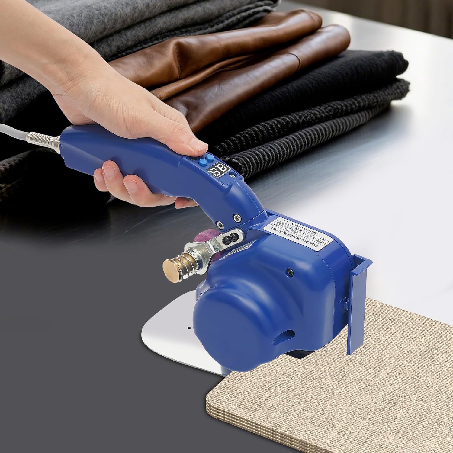 Electric Fabric Cutter, 245W Rotary Cutting Machine w/LED Light & Self-Sharpening System, Adjustable Speed 500-3000RPM for Leather, Carpet, Multi-Layer Fabric Cutting (Blue)