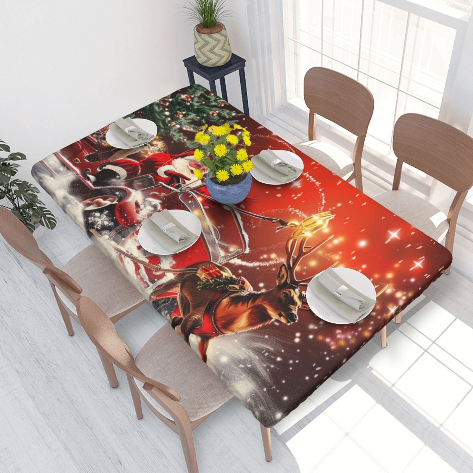 DCARSETCV Christmas Santa Claus Printed 4FT Waterproof Tablecloth with Elastic Edged Protect & Decor Your Table, Oil-proof Washable Table Cloth Cover for Dinner Picnic Party