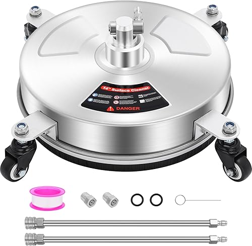 Dalmbox Limpiador de superficies de hidrolavadora de 14 pulgadas con 4 ruedas, enchufe rápido de 1/4 pulgadas, carcasa de acero inoxidable, 4000