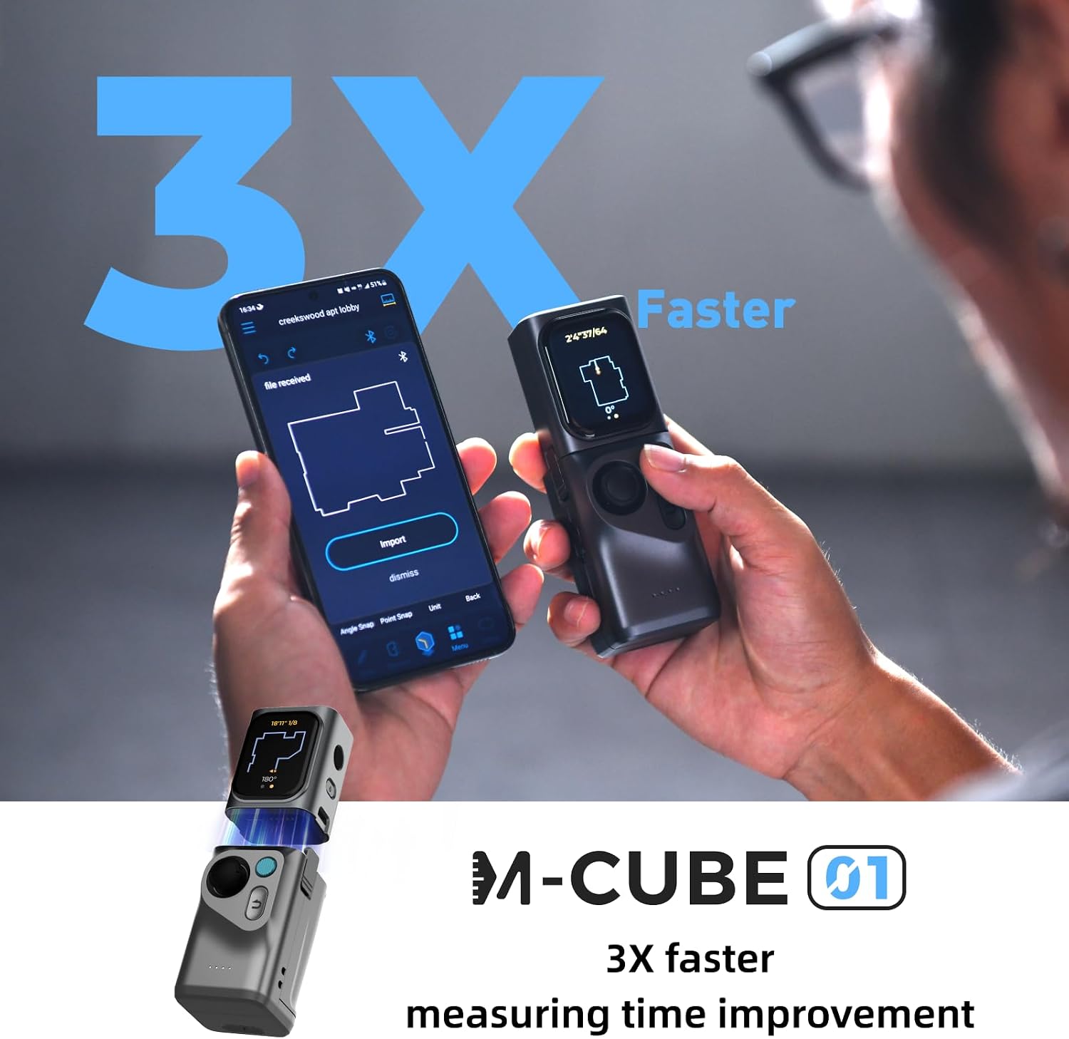 HOZO M-Cube Laser Measuring Tool Adaptor, 01 Smart Planner - Features 360° Joystick for Capturing Floorplans from Any Angle, One-Tap Button for Precise Edge and Corner Measurements image 2