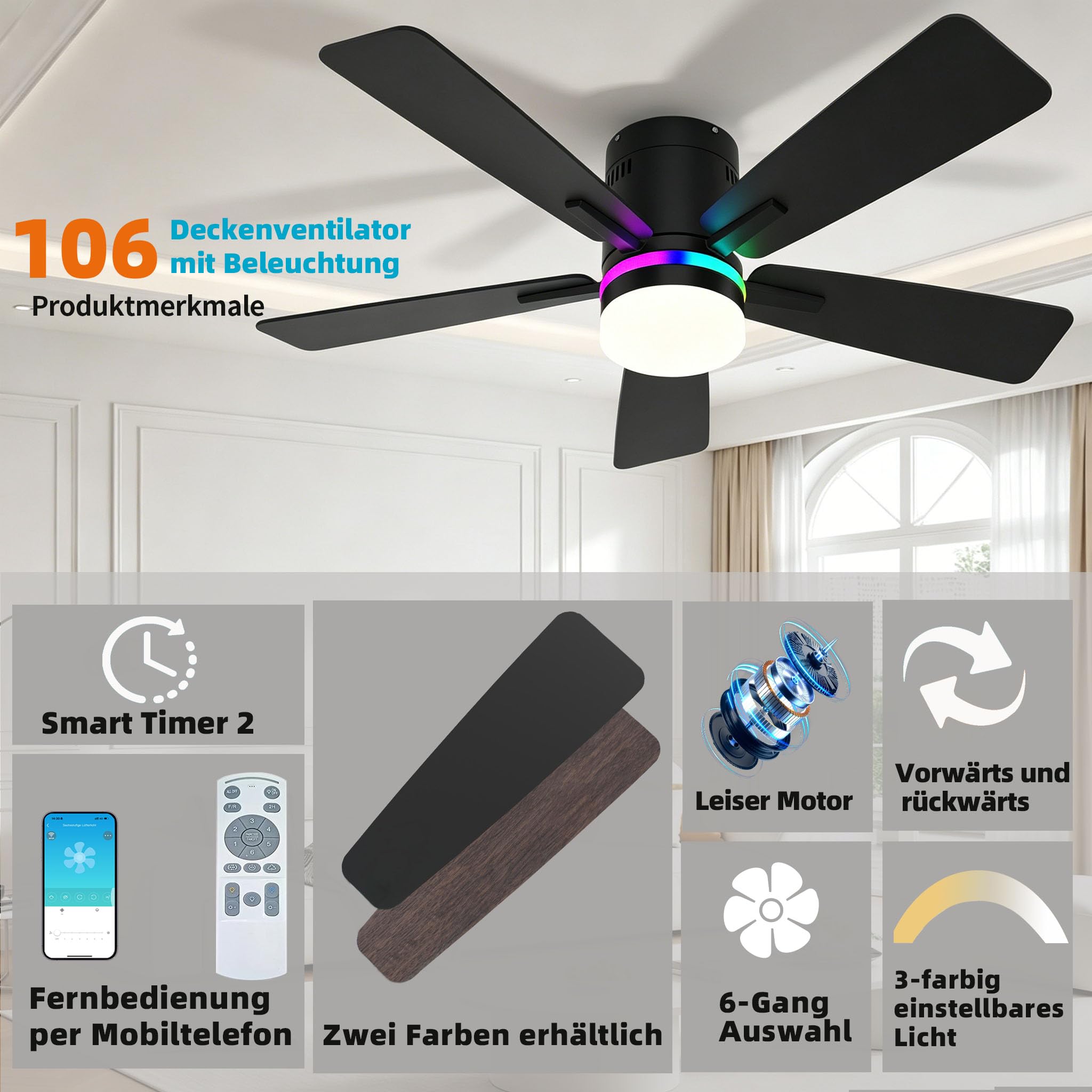 106cm RGB Deckenventilator mit Beleuchtung Leiser DC-Motor für Schlafzimmer | Fernbedienbar und App, Dimmbare LED, 6 Gänge,Timer, Doppelseitige Flügel Winter- und Sommermodus, für Wohnzimmer