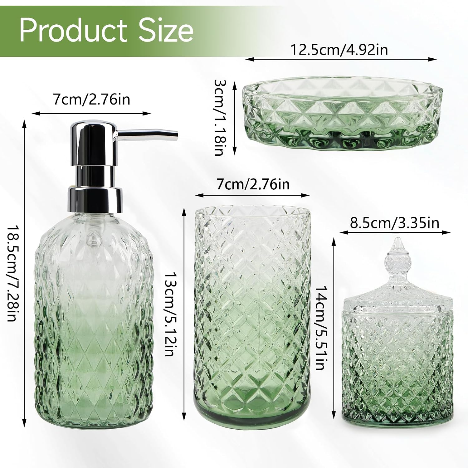 Green Bathroom Accessories Set,5 Pcs Vintage Diamond Clear Glass Bathroom Set, Bathroom Counter Sink Toothbrush Holder Set Includes 13.5oz Soap Dispenser & Tumbler & Soap Dish & Qtip Holders