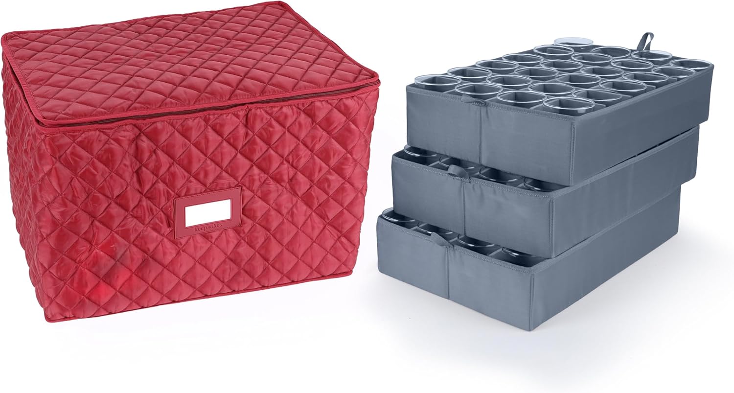 Covermates Adjustable Glassware Storage Container with FlexGrid Dividers, Padded Quilted Organizer for Wine Glasses & Stemware, Zipper Closure, ID Window, Stackable Storage, Red