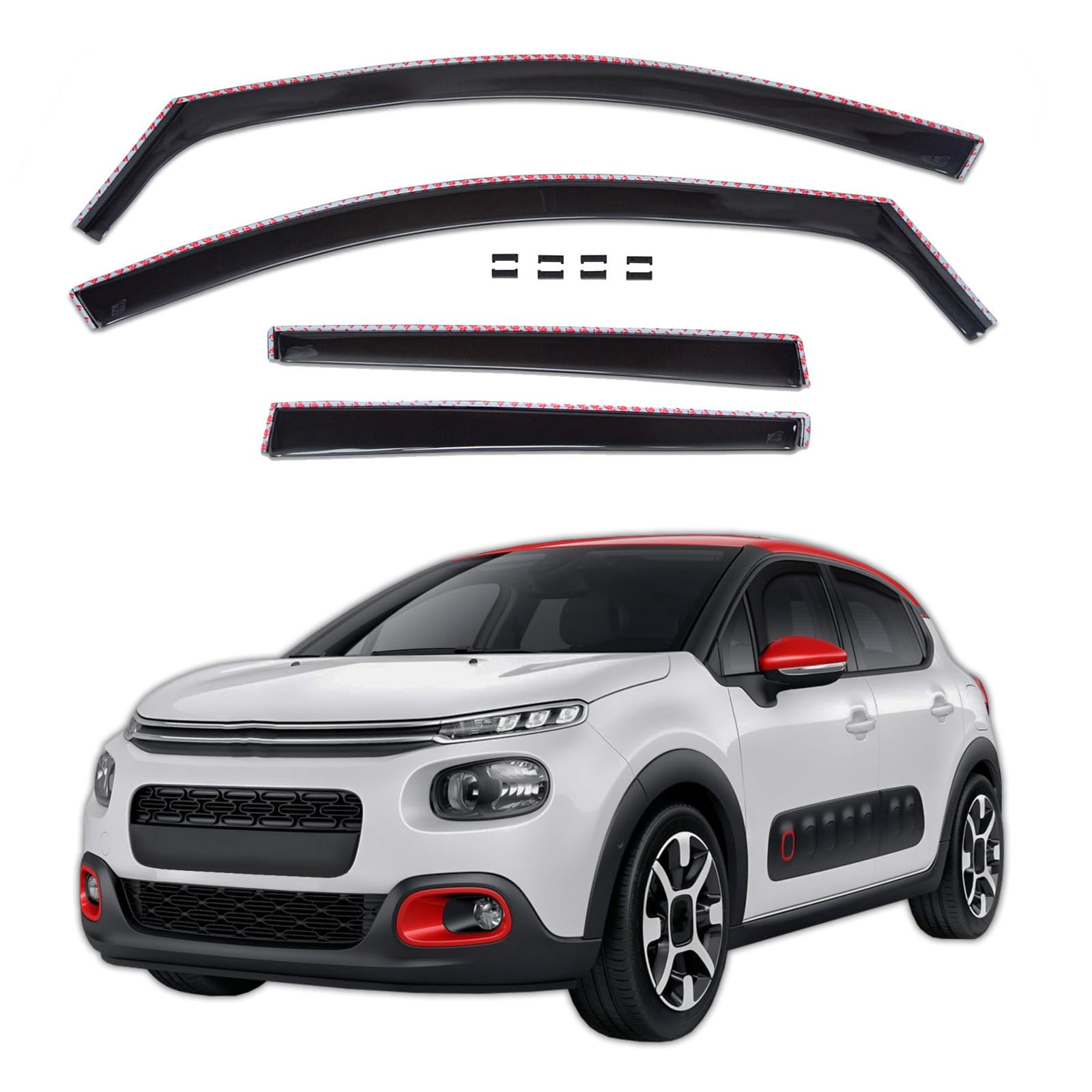 J&J AUTOMOTIVE GP Windabweiser passend für Citroen C3 3 2016-2023 4tlg, Vorne und Hinten Regenabweiser Passform Getönt Schwarz
