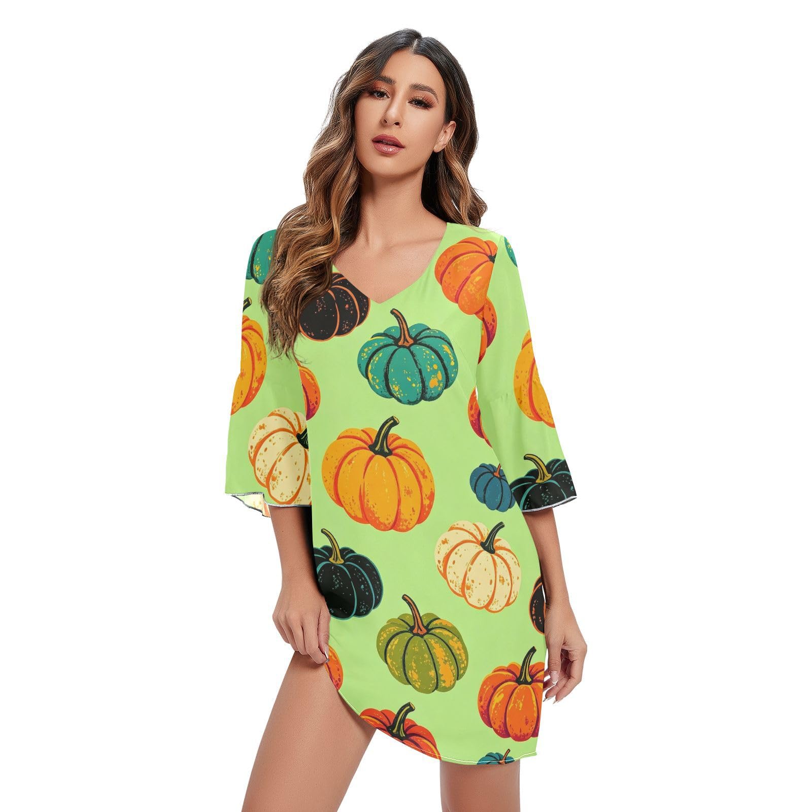 Robe courte en mousseline de soie femme col V robe d'été décontractée citrouille vintage