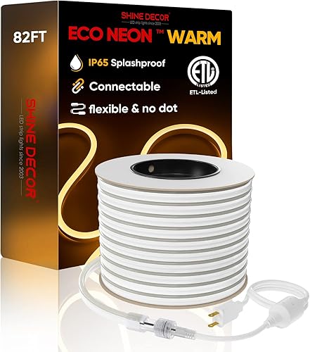 Shine Decor Tira de luces LED de neón para exteriores 82 pies resistente al frío con certificación ETL flexible conectable luz blanca cálida AC110 V