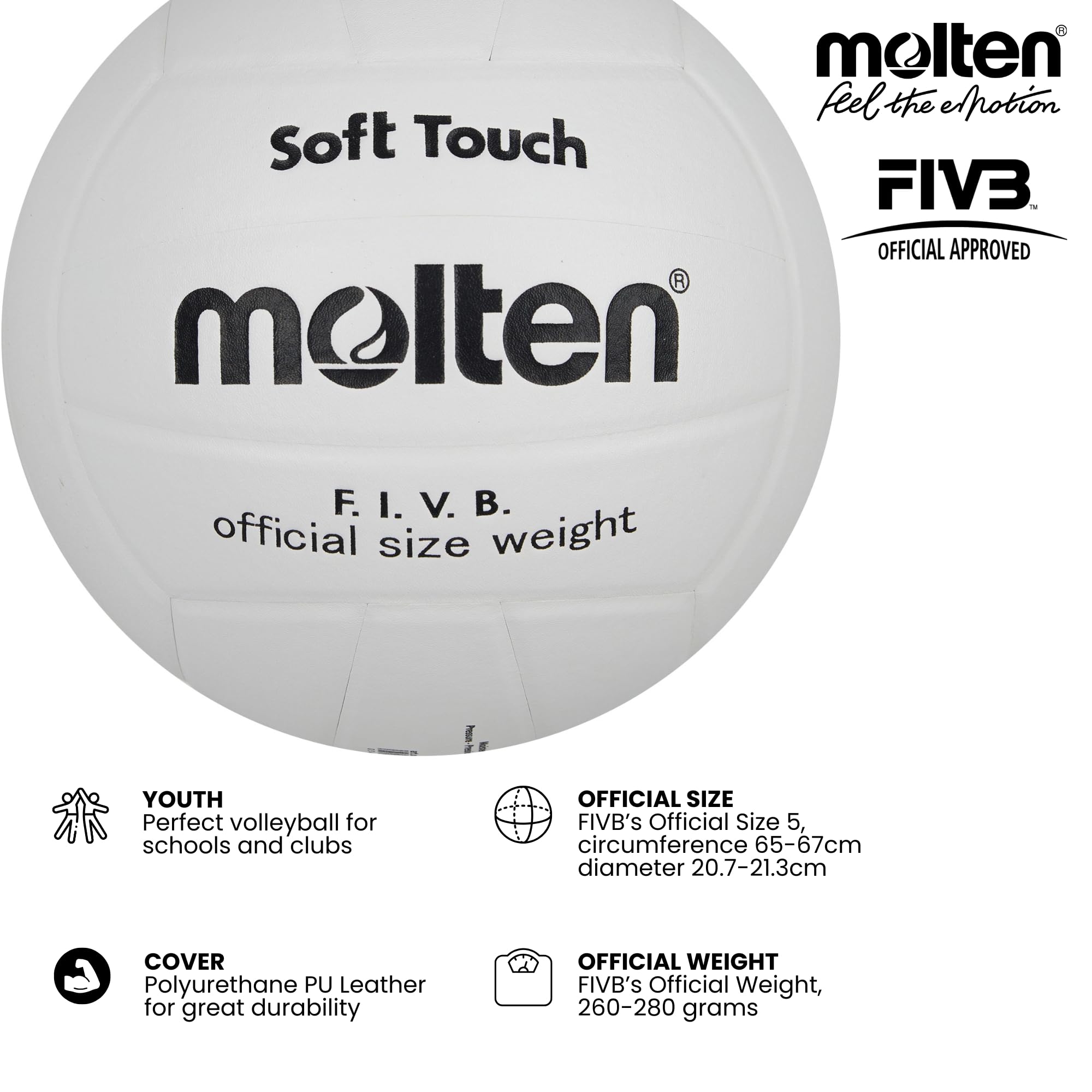 Molten VP4 Pallone Da Pallavolo - Bianco, Pelle Sintetica, Cucito A Mano - Foto 7