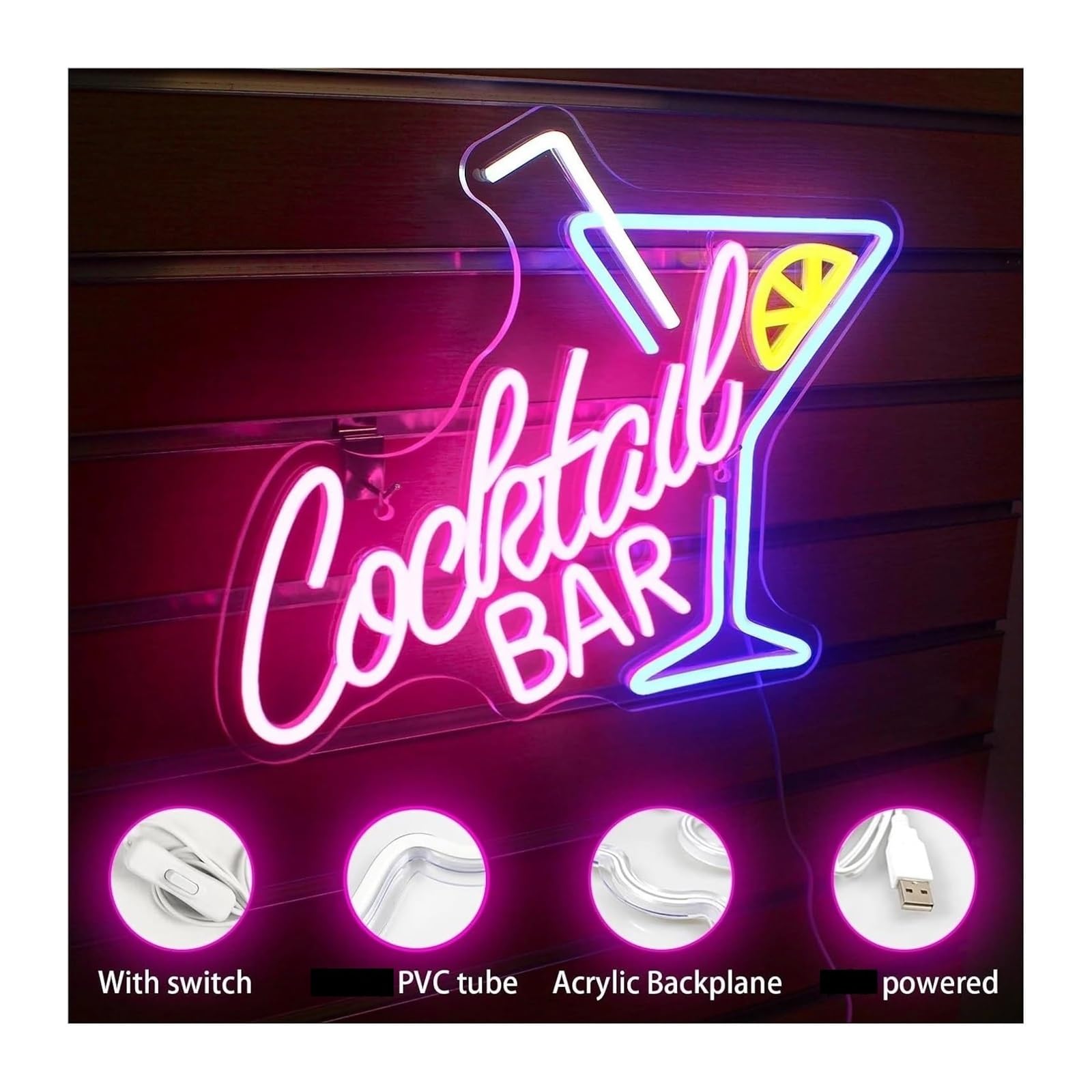 Neón Sign Luces de panel neón para bar cócteles, aplique pared para decoración, con tecnología