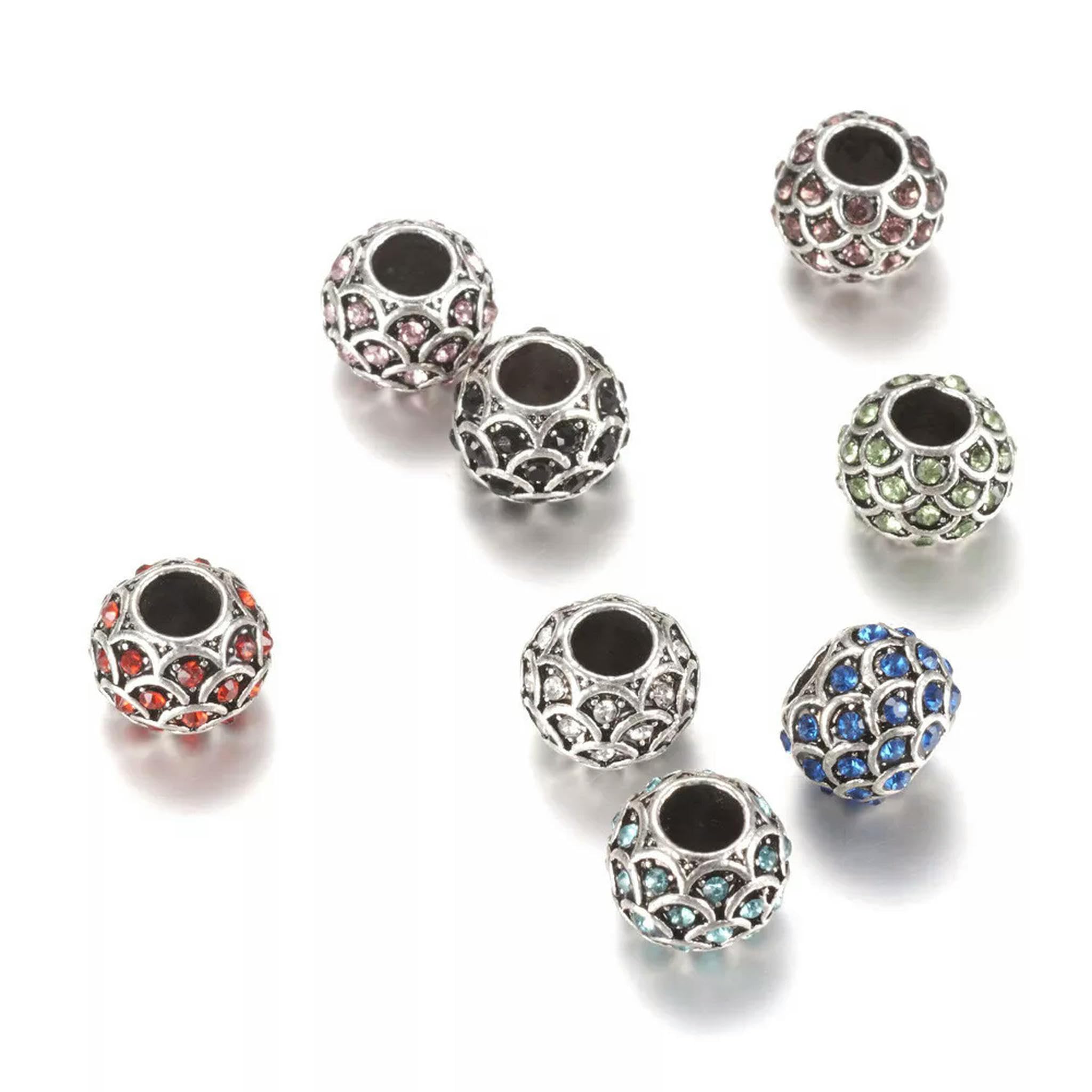 Grandes perles de trou, Lot de 50 perles rondes géométriques européennes en alliage de strass à gros trou, métal 10-11 mm