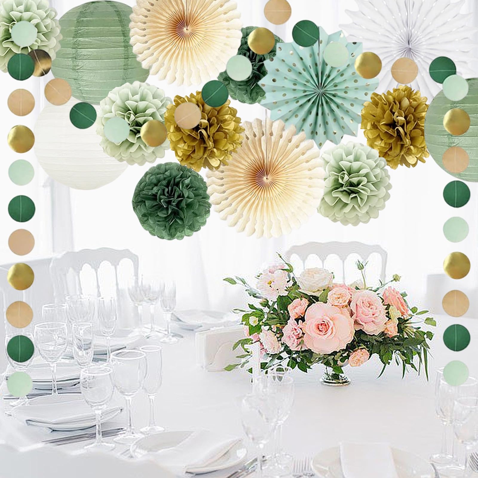 Pompon di Carta Velina,Forniture per Feste,Decorazioni Compleanno,Decorazioni Pompon,Decorazionis Festa Verde Salvia,Puntini Ghirlanda Verde Salvia,Fiori di Carta per Decorazionis Compleanno