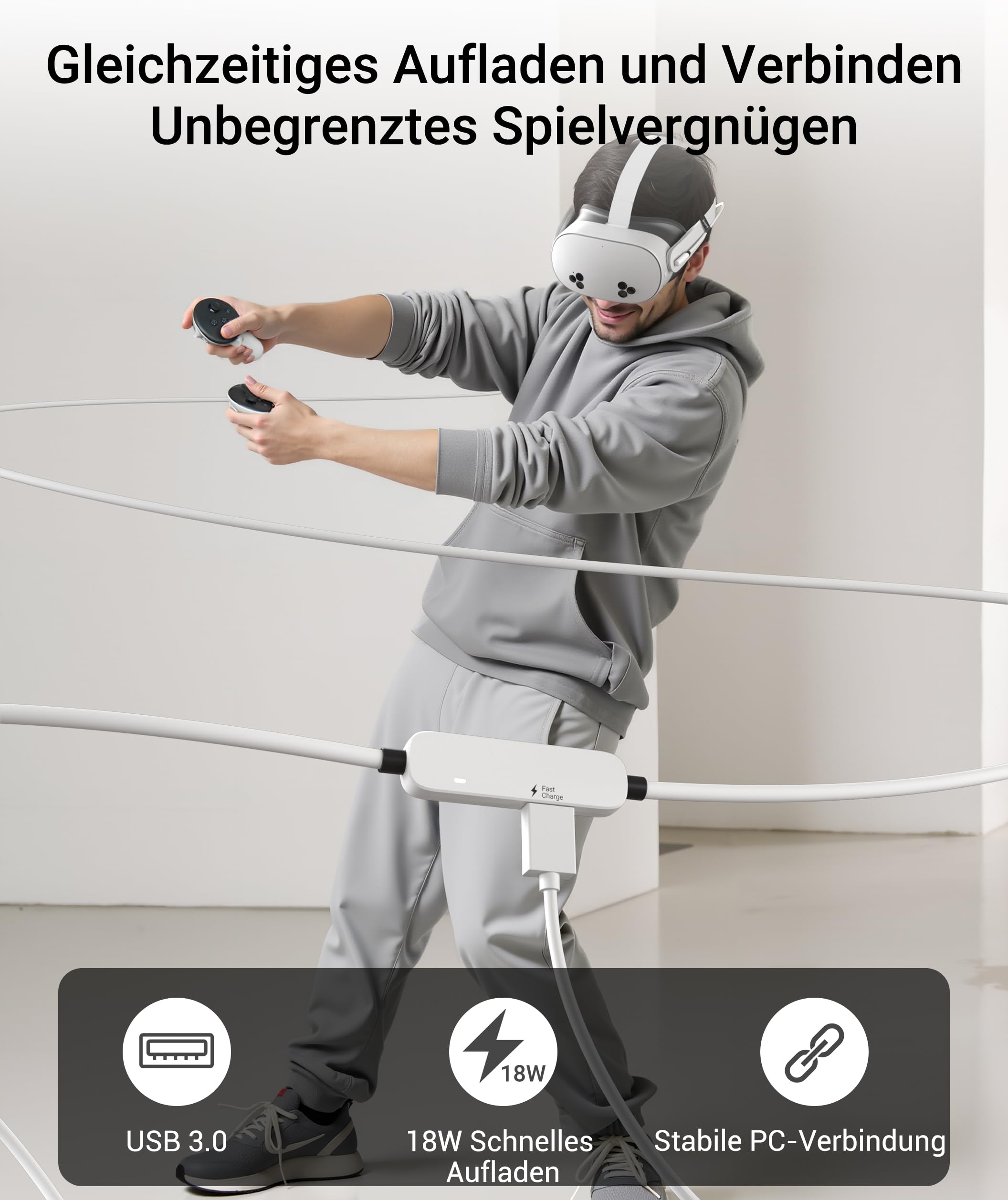 Syntech Link Kabel mit Ladefunktion 5M Kompatibel mit Oculus/Meta Quest 3/3S Zubehör, Quest2/Pro Link Kabel für PC/SteamVR mit erweitertem Ladeport, USB 3.0 A zu C VR Ladekabel