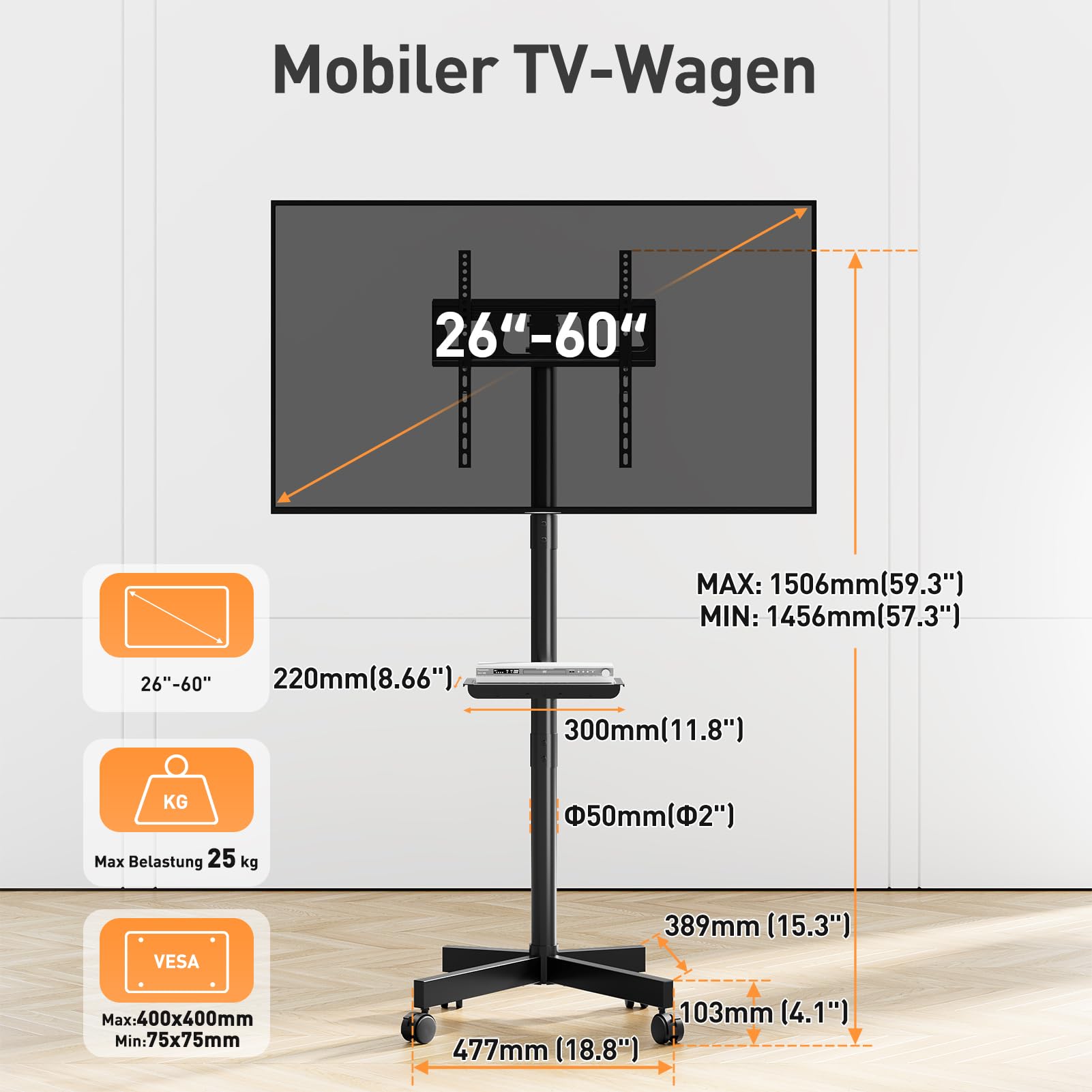 ELIVED TV Ständer Rollbar für 26-60 Zoll Fernseher bis zu 25kg, Max VESA 400x400mm, Mobiler TV Stand mit Rollen Höhenverstellbar Fernseher Bodenständer EV1117