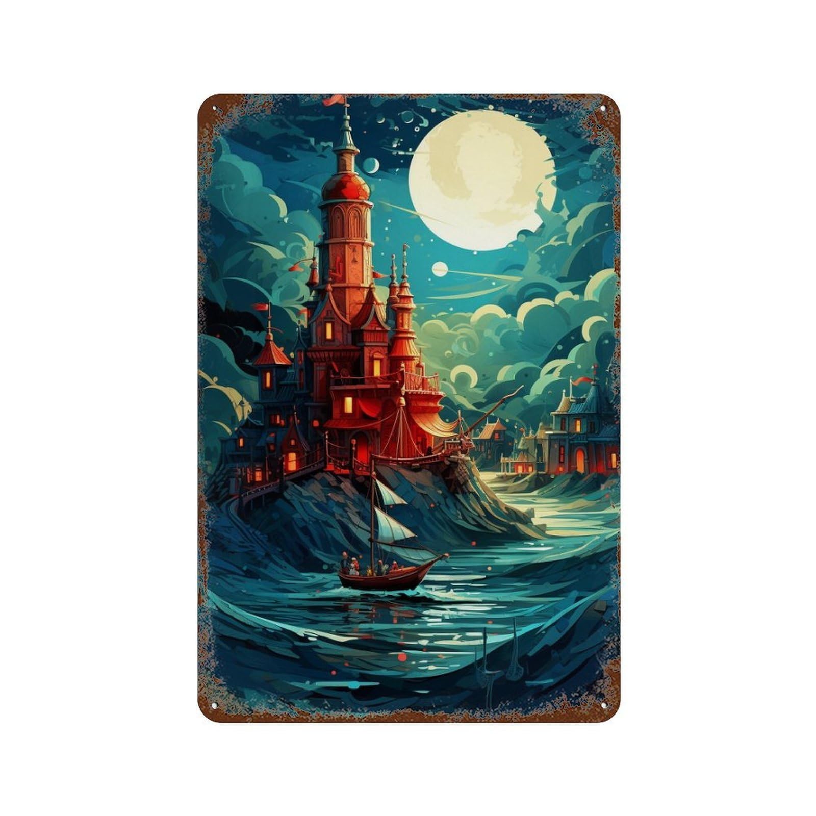 Rust Effect Fantasy Castle by Moonlight Vintage Rust Metal Sign 11.8"x7.9", Old School Wall Decor for Cafe, Home Bar And Lounge Decor