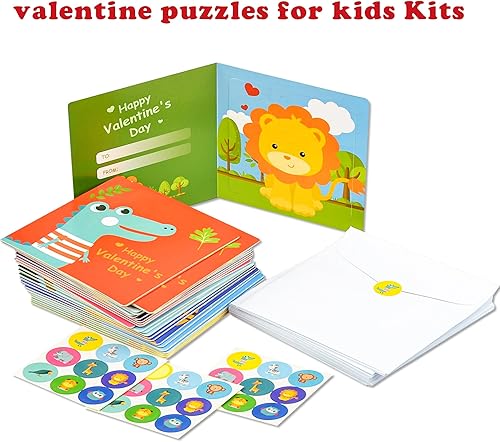 Miniatura 8 de Tarjetas de rompecabezas para el día de San Valentín para niños, paquete de 27 tarjetas de rompecabezas de animales con sobres y calcomanías a