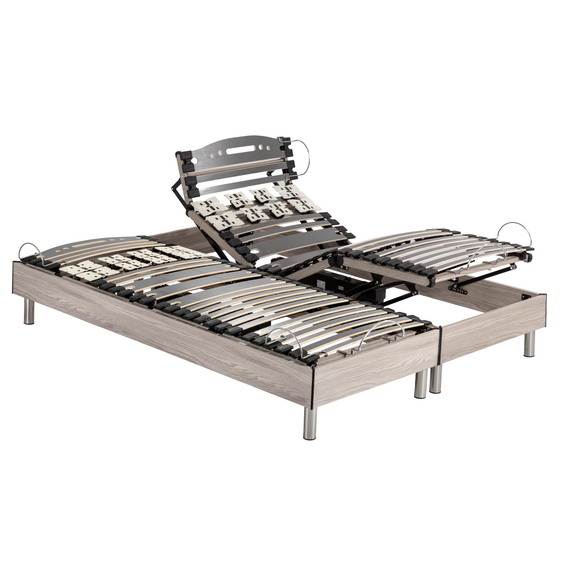 EBAC Literie Lit électrique S73+Lattes Bois - Réglage fermeté lombaires - 2x80x200 - Chêne Clair