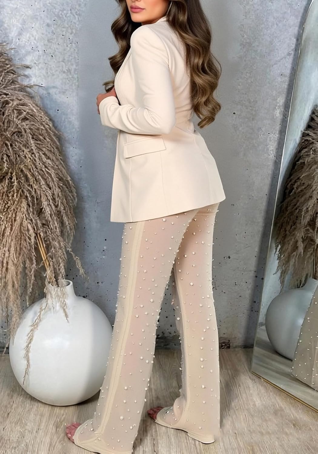 LKOUS Women's Sexy Blazer Pants Set V Neck Mesh Beading High Waist 2 Piece Outfit for Night Out Club Party
